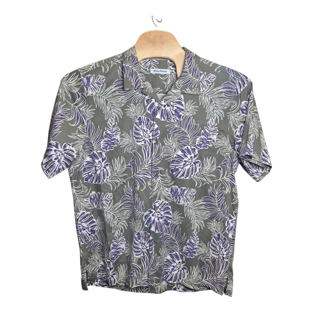 Tommy Bahama Men's XL Silk Hawaiian Camp Shirt Olive Green Purple Floral Tropic - Picture 2 of 7